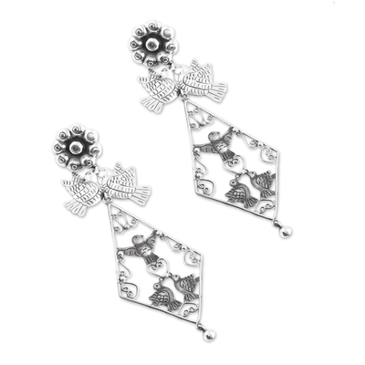 Pendientes colgantes de plata de ley - Pendientes colgantes de paloma y flor hechos a mano en plata de ley