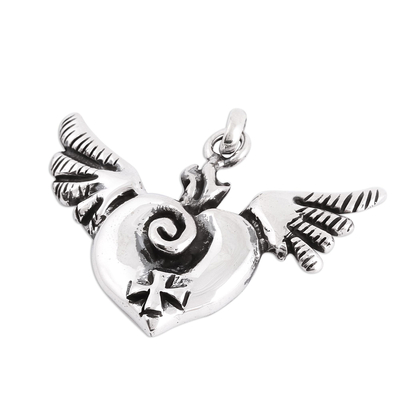 Sterling silver pendant, 'Miracle of the Heart' - Handcrafted Sterling Silver Winged Heart and Cross Pendant