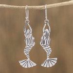 Sterling silver dangle earrings, 'Swimming Mermaids' - Taxco Sterling Silver Mermaid Dangle Earrings from Mexico
