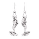 Sterling silver dangle earrings, 'Swimming Mermaids' - Taxco Sterling Silver Mermaid Dangle Earrings from Mexico