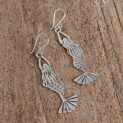 Sterling silver dangle earrings, 'Swimming Mermaids' - Taxco Sterling Silver Mermaid Dangle Earrings from Mexico