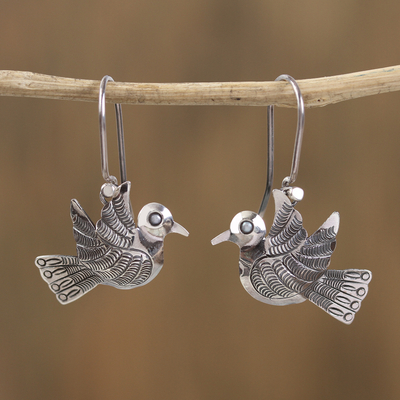 Sterling silver dangle earrings, Chiseled Bird