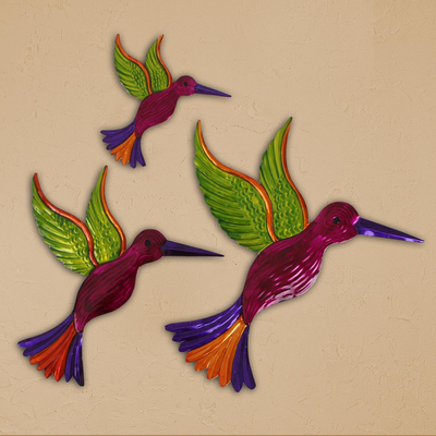 Tin Hummingbird Wall Art In Fuchsia From Mexico Set Of 3 Hummingbird Family In Fuchsia Novica