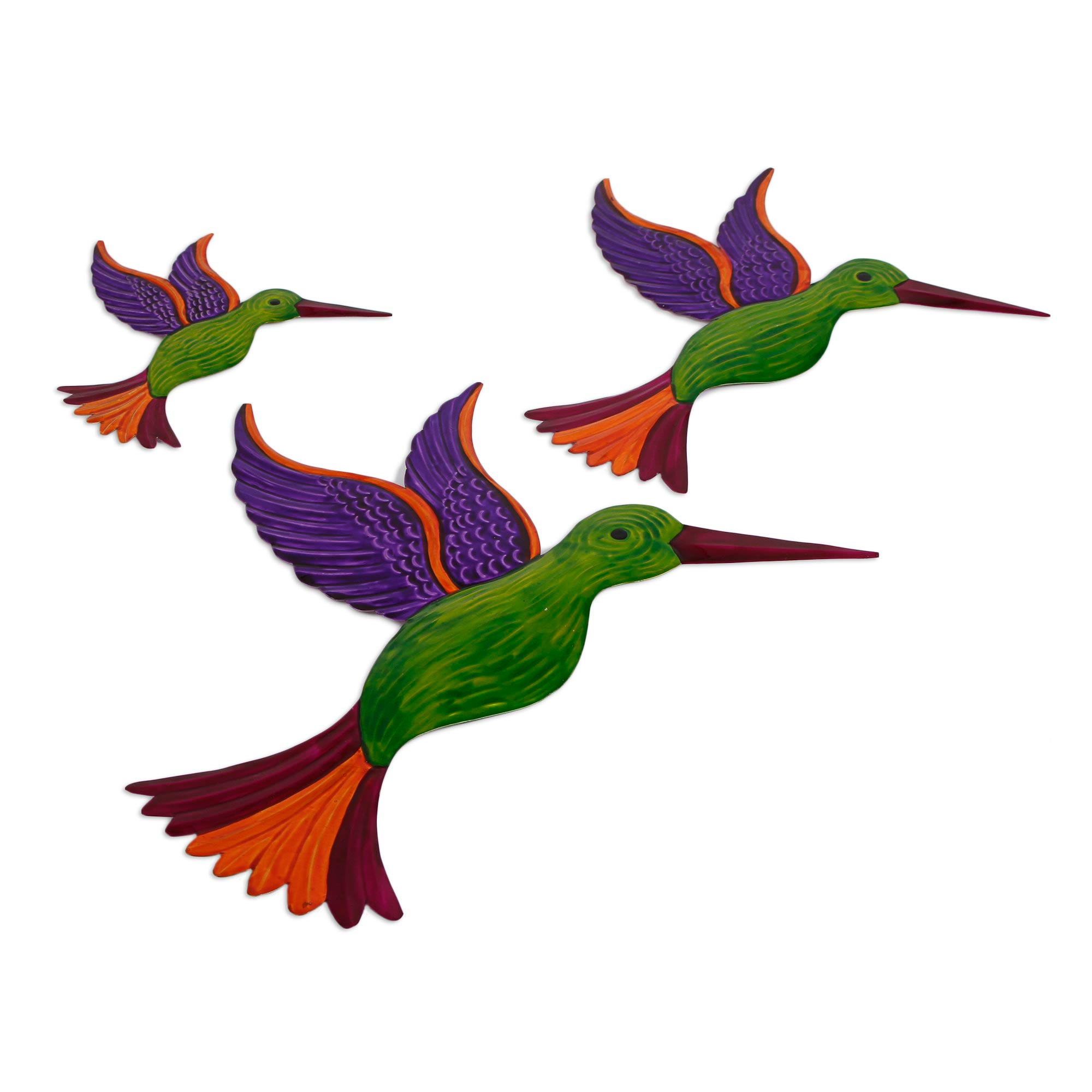 Tin Hummingbird Wall Art in Green from Mexico (Set of 3) - Hummingbird ...