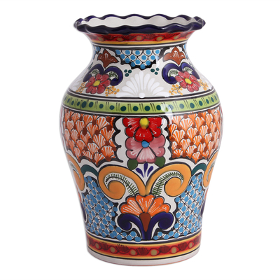 Hand-Painted Talavera Ceramic Decorative Vase from Mexico