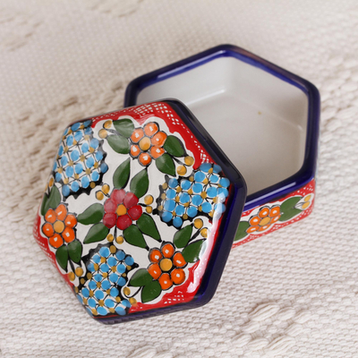 Ceramic decorative box, 'Floral Hexagon' - Ceramic Decorative Box with Colorful Floral Motifs