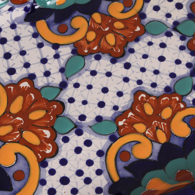 Ceramic platter, 'Zacatlan Flowers' - Floral Talavera Style Ceramic Platter from Mexico