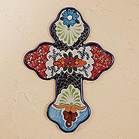 Ceramic wall cross, 'Faithful Bouquet' - Hand-Painted Floral Talavera Ceramic Wall Cross from Mexico