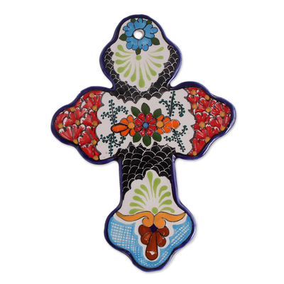 Hand-Painted Floral Talavera Ceramic Wall Cross from Mexico