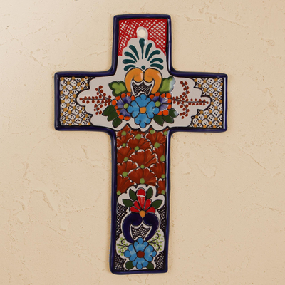 Ceramic wall cross, 'Talavera Homage' - Colorful Talavera-Style Ceramic Wall Cross from Mexico