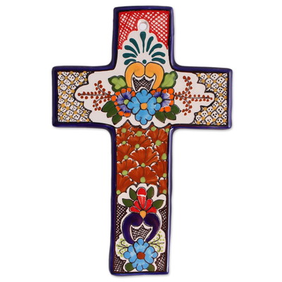 Wandkreuz aus Keramik, 'Talavera Hommage' - Buntes Wandkreuz aus Keramik im Talavera-Stil aus Mexiko