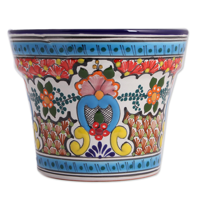 Ceramic flower pot, 'Marvelous Bouquet' - Talavera-Style Ceramic Flower Pot from Mexico