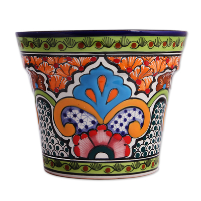 Keramischer Blumentopf, 'Bright Talavera - Handbemalter Keramik-Blumentopf aus Mexiko