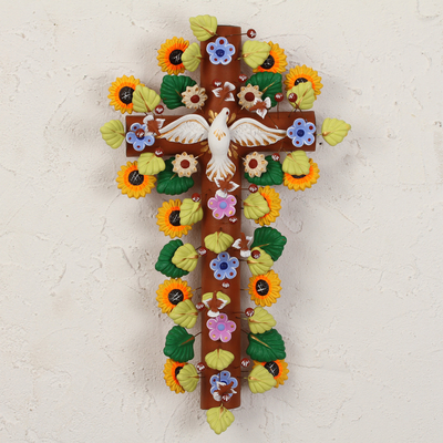 Ceramic wall cross, 'Cross of Faith' - Handcrafted Floral Ceramic Wall Cross from Mexico