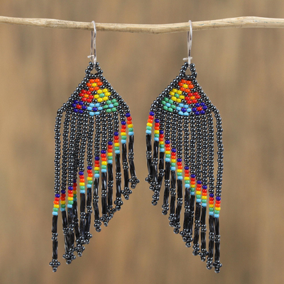 Glass beaded waterfall earrings, 'Floral Shower in Black' - Floral Glass Beaded Waterfall Earrings in Black from Mexico