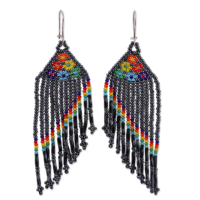 Floral Glass Beaded Waterfall Earrings in Black from Mexico