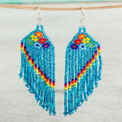 Glasperlen-Wasserfall-Ohrringe - Florale Wasserfall-Ohrringe mit Glasperlen in Blau aus Mexiko