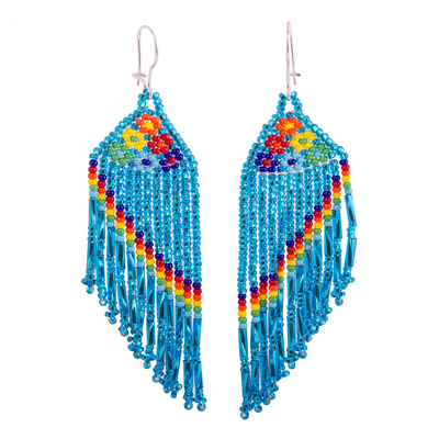 Glasperlen-Wasserfall-Ohrringe - Florale Wasserfall-Ohrringe mit Glasperlen in Blau aus Mexiko