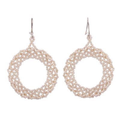 Glass beaded dangle earrings, 'Beautiful Circles in Champagne' - Circular Glass Beaded Dangle Earrings in Champagne