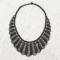 Glass beaded pendant necklace, 'Black Bead Waves'