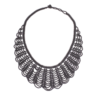 Glass beaded pendant necklace, 'Black Bead Waves' - Glass Beaded Pendant Necklace in Black from Mexico