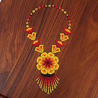Glass beaded pendant necklace, 'Burning Passion'