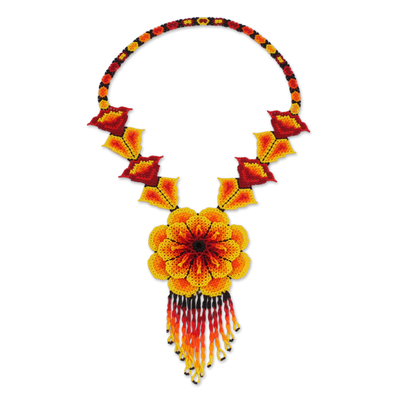 Glass beaded pendant necklace, 'Burning Passion' - Floral Glass Beaded Pendant Necklace from Mexico