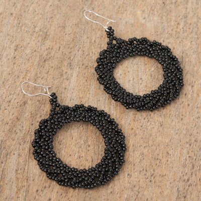 Glass beaded dangle earrings, 'Beautiful Circles in Black' - Circular Glass Beaded Dangle Earrings in Black from Mexico