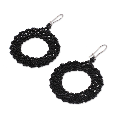 Glass beaded dangle earrings, 'Ebony Black Circles' - Circular Glass Beaded Dangle Earrings in Black from Mexico