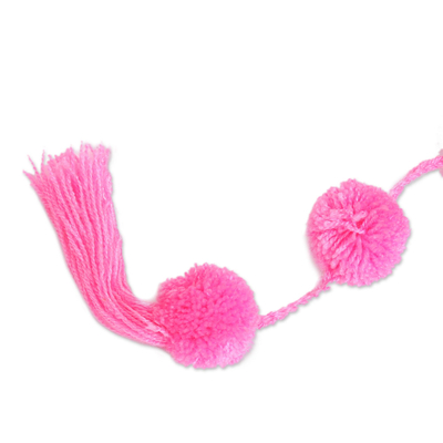 Cotton garland, 'Festive Joy in Pink' - Carnation Pink Cotton Pompom Handcrafted Garland from Mexico