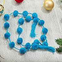 Cotton garland, 'Festive Joy in Cyan' - Cyan Blue Cotton Pompom Handcrafted Garland from Mexico