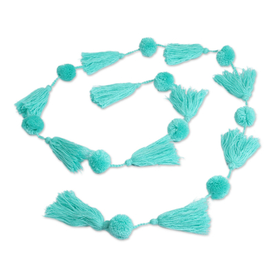 Cotton garland, 'Spread the Joy in Sea Green' - Handcrafted Sea Green Pompom and Tassel Cotton Garland