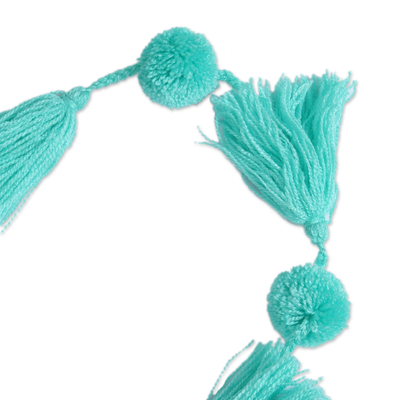 Cotton garland, 'Spread the Joy in Sea Green' - Handcrafted Sea Green Pompom and Tassel Cotton Garland