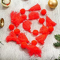 Cotton garland, 'Spread the Joy in Strawberry' - Handcrafted Strawberry Red Pompom and Tassel Cotton Garland