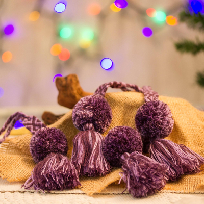 Purple Cotton Pompom and Tassel Ornaments (Set of 4) - Sweet Joy in Purple