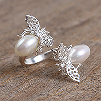 Cultured pearl wrap ring, 'Dreamy Bees' - Cultured Pearl Bee Wrap Ring from Mexico