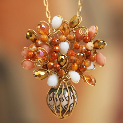 Gold accent glass and ceramic pendant necklace, 'Elegant Cluster' - 18k Gold Accent Glass and Ceramic Pendant Necklace