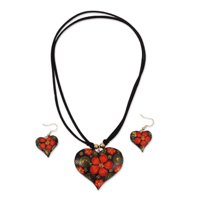 Floral Gold Accent Wood Jewelry Set in Scarlet from Mexico - Fantasy ...