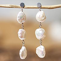 Cultured pearl dangle earrings, 'Sea Foam Cascade' - Cultured Pearl Trio and Sterling Silver Dangle Earrings