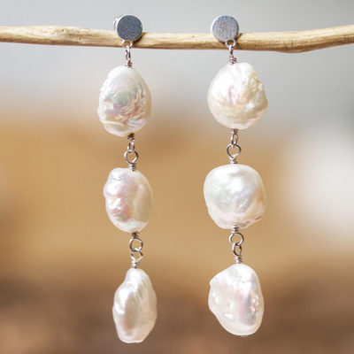 Aretes colgantes de perlas cultivadas - Aretes colgantes de plata esterlina y trío de perlas cultivadas