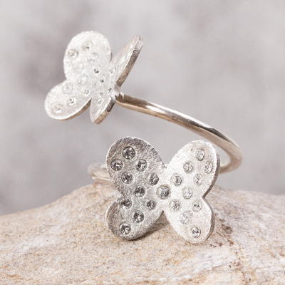 Sterling silver wrap ring, 'Fluttering Wings' - Sterling Silver Butterflies with Embedded Crystals Wrap Ring