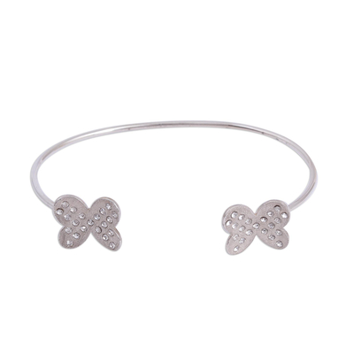 Sterling Silver Butterflies Embedded Crystals Cuff Bracelet