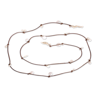 collar cruzado de perlas cultivadas - Collar cruzado artesanal de cuero marrón perla cultivada