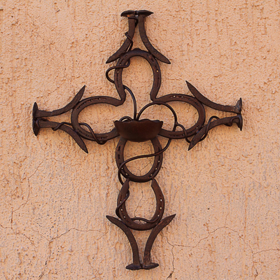 Upcycled metal wall cross, 'Frontier Faith' - Upcycled Metal Horseshoe and Railway Spike Wall Cross
