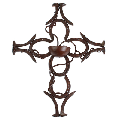 Upcycled metal wall cross, 'Frontier Faith' - Upcycled Metal Horseshoe and Railway Spike Wall Cross