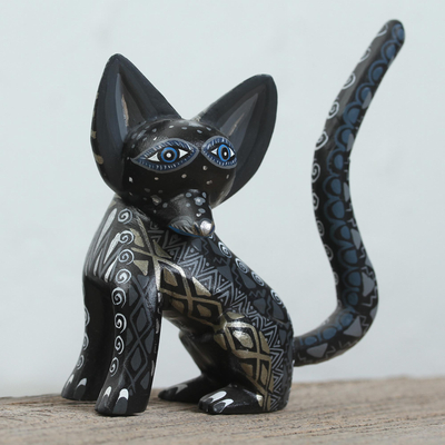 Wood alebrije figurine, 'Black Fox' - Wood Alebrije Fox Figurine in Black from Mexico