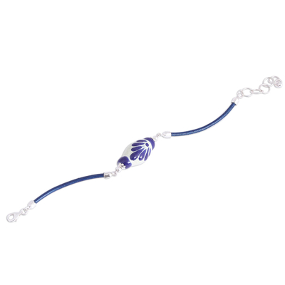 Ceramic pendant bracelet, 'Talavera Blue' - Talavera Ceramic and Leather Pendant Bracelet in Blue