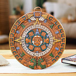 Aztec Fifth Sun Calendar Museum Replica Ceramic Wall Art, 'Fifth Sun in Orange'