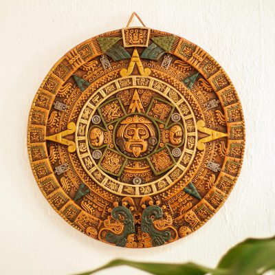 Ceramic wall art, 'Fifth Sun in Orange' - Aztec Fifth Sun Calendar Museum Replica Ceramic Wall Art