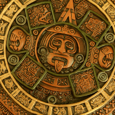Ceramic wall art, 'Fifth Sun in Orange' - Aztec Fifth Sun Calendar Museum Replica Ceramic Wall Art